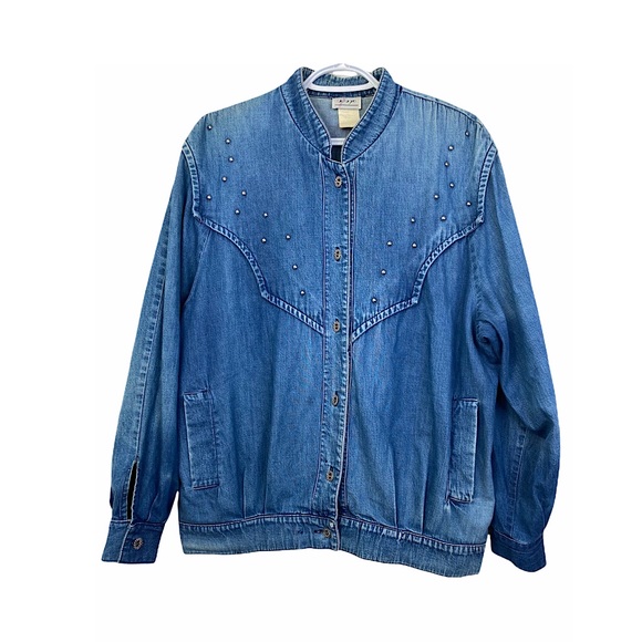 Vintage Jackets & Blazers - Vintage 90s Denim BomberJacket Studded Oversized Lightweight Distressed Blue L